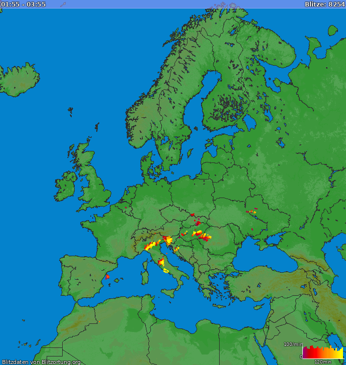 Bliksem kaart Europa 07.07.2025 00:05:02